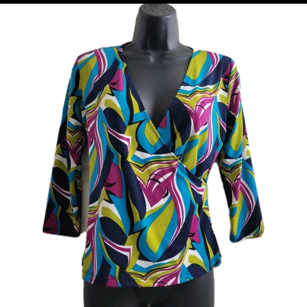 Evan-Picone Womens Faux Wrap Abstract Geometric Print Blouse Sz Petite Small EUC
